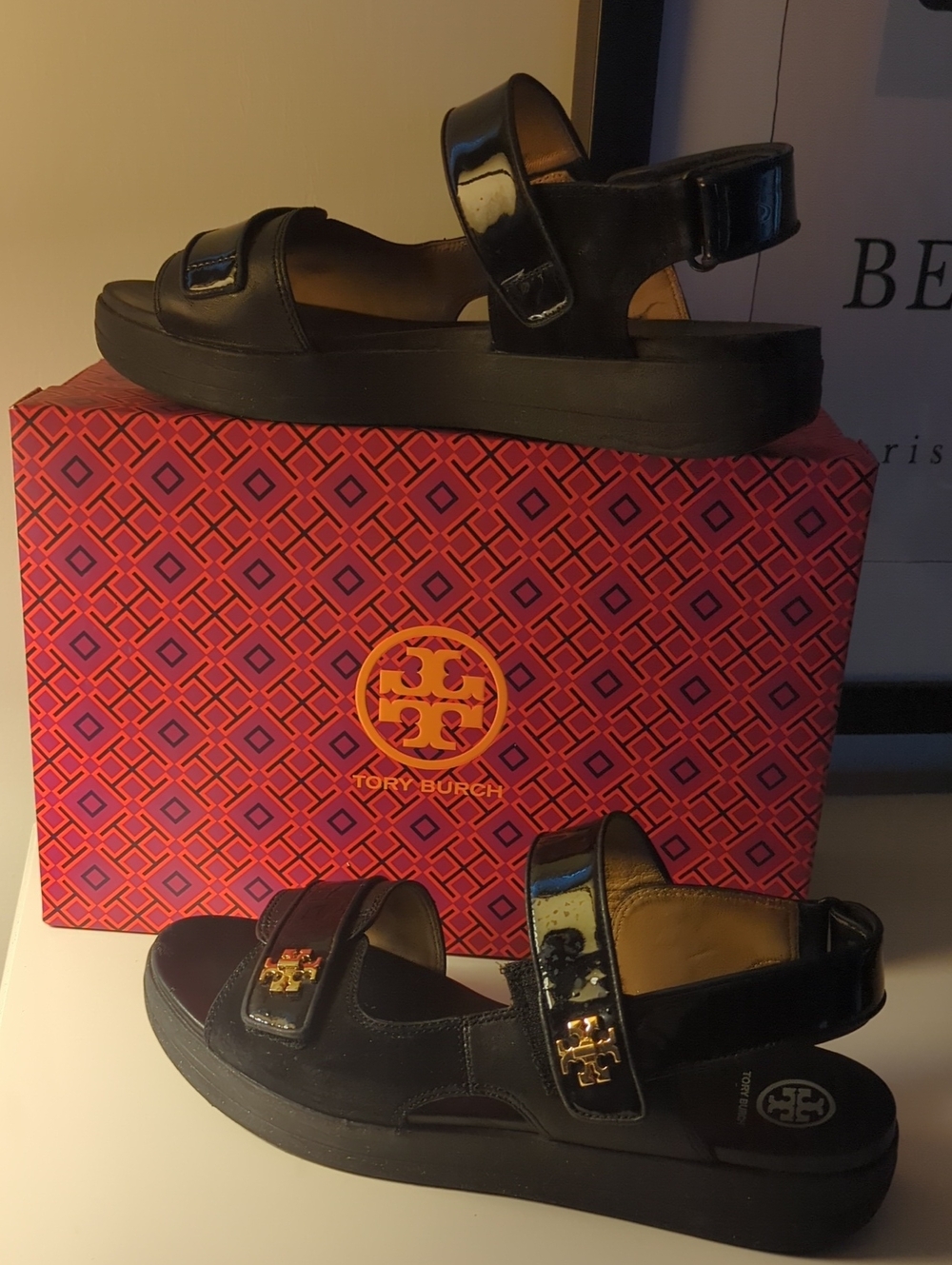 Tory Burch Black Patent & Leather Platform Sandals